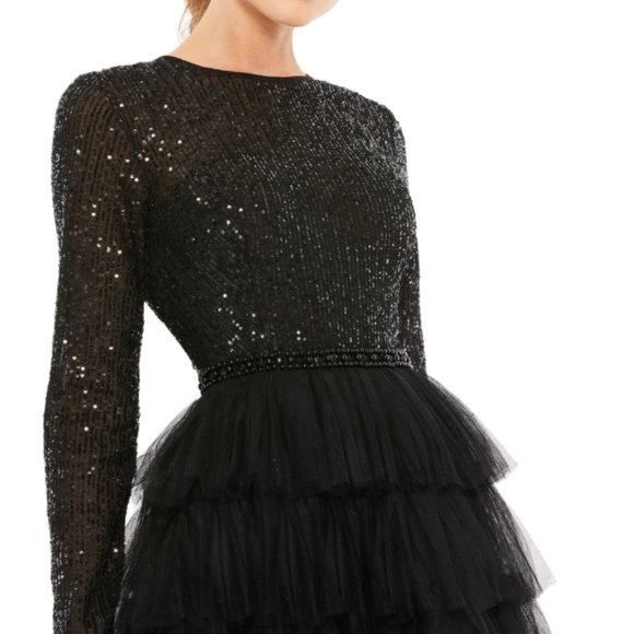 MAC DUGGAL 26299 SEQUIN BODICE LONG SLEEVE RUFFLE TIERED BLACK MIDI DRESS sz 12 - Picture 3 of 3